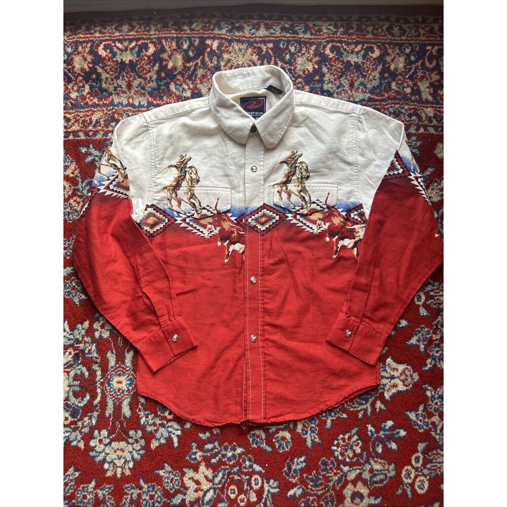 Vintage Roper Youth Medium 8-10 Pearl Snap Aztec Cowboy Western Shirt